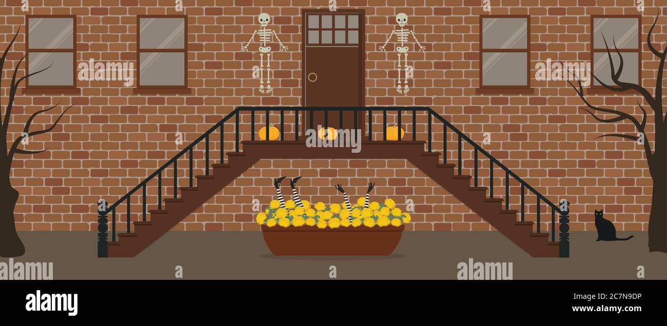 Porch, decorated for Halloween. Front Porch Halloween Decorations. There are skeletons, pumpkins, black cat and a pot of chrysanthemums here Stock Vector