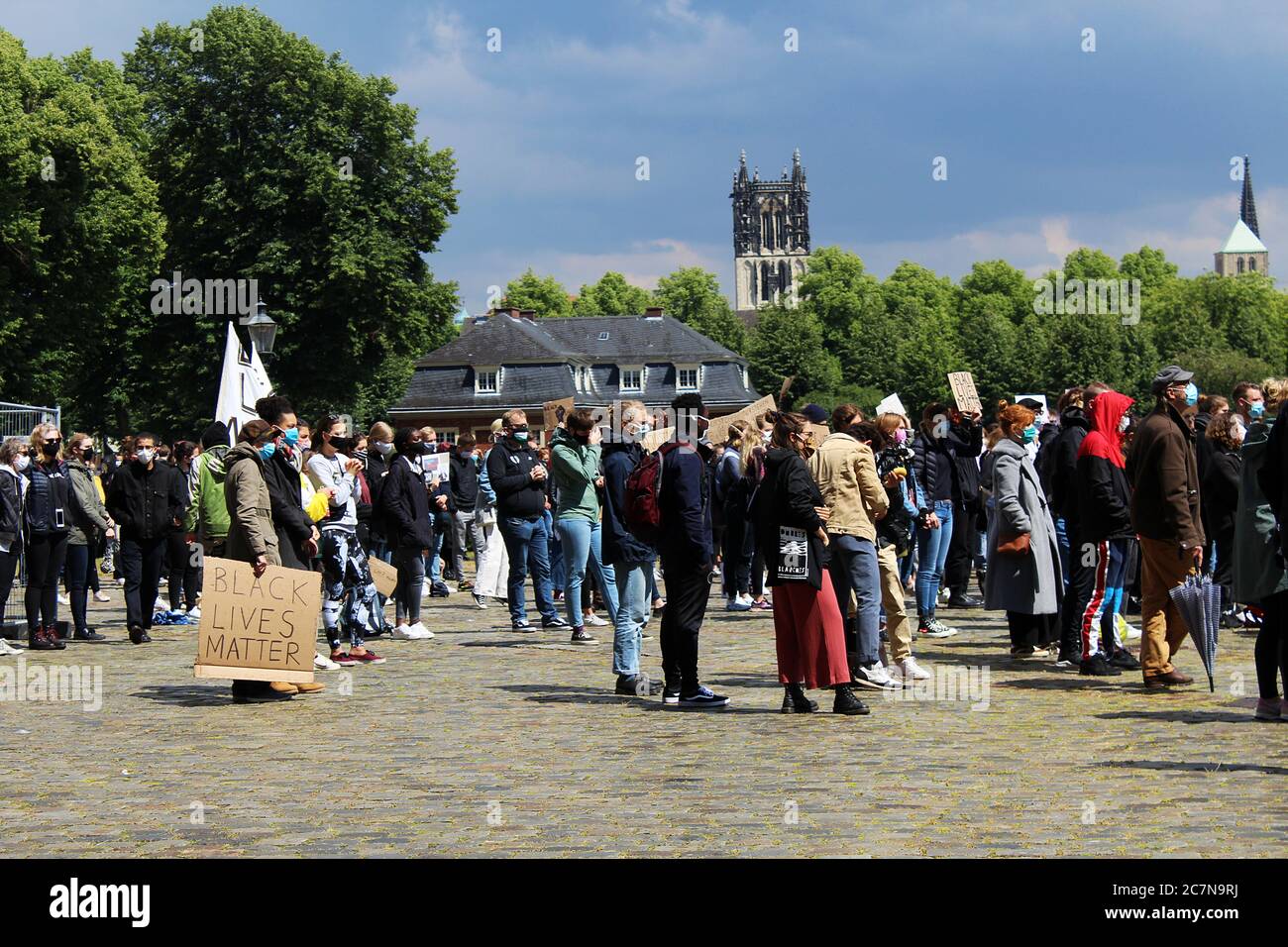 Peaceful Black Lives Matter Protest on Schlossplatz. Protest in response to George Floyd's death and police violence against black people. Stock Photo