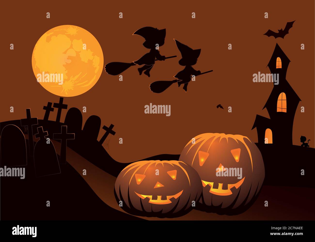 Halloween pumpkins and dark castle on blue Moon background ...