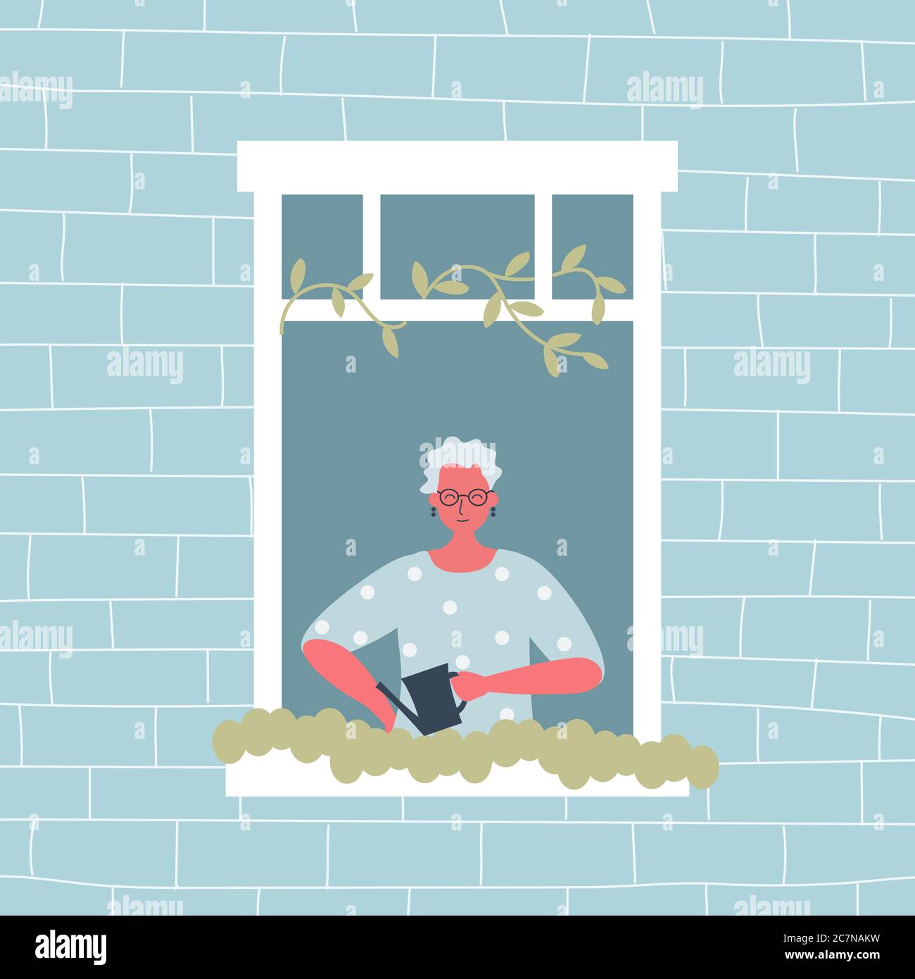 Elderly woman is watering flowers on a windowsill. The old woman at the open window. View from the street side. Funky flat style. Vector illustration Stock Vector