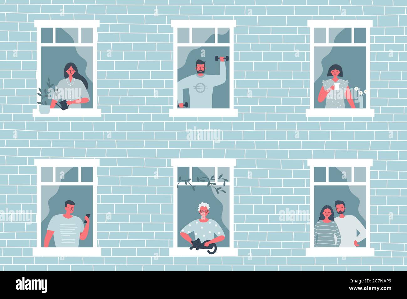 People at the window. Young woman is drinking coffee, elderly woman stroking a cat, girl is watering flowers, young man is training with dumbbells etc Stock Vector