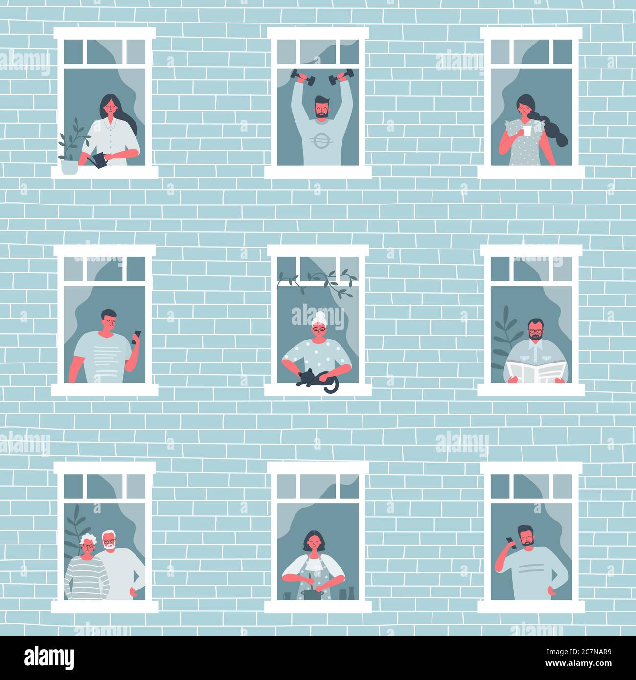 People at the window. Young woman is drinking coffee, elderly woman stroking a cat, man is reading newspaper, guy is training with dumbbells etc Stock Vector