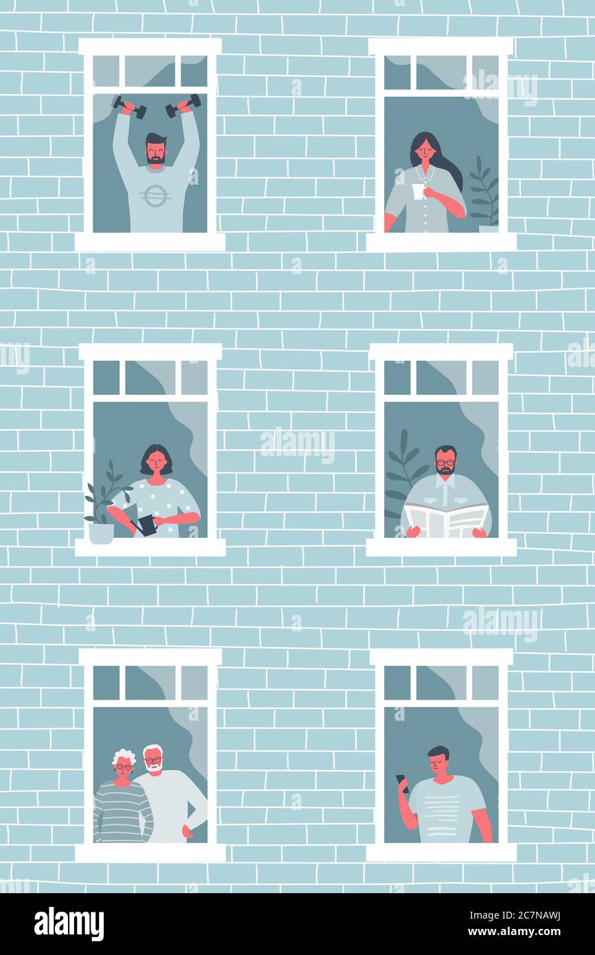 People at the window. Girl is drinking coffee, man reading a newspaper, young woman is watering flowers, young man is training with dumbbells etc Stock Vector