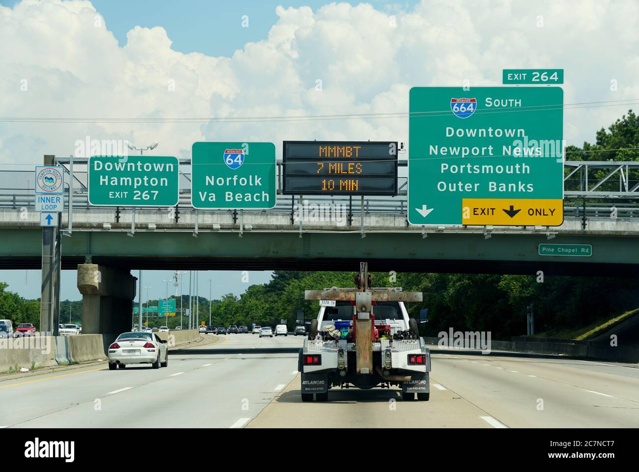 Virginia, U.S.A - July 1, 2020 - The highway signs towards Interstate 64 to Norfolk and Interstate 664 South to downtown, Newport News, Portsmouth and Stock Photo