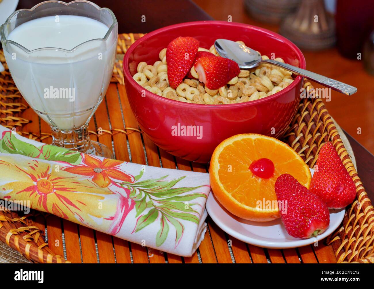 Breakfast tray with cereal, and milk Stock Photo Alamy
