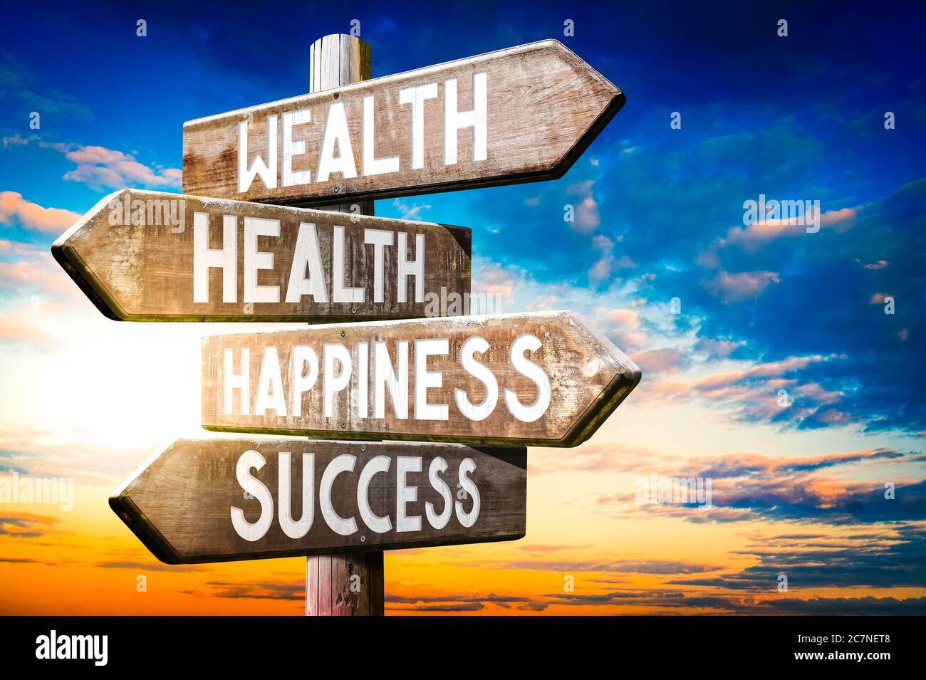 Wealth, health, happiness, success wooden signpost, roadsign with