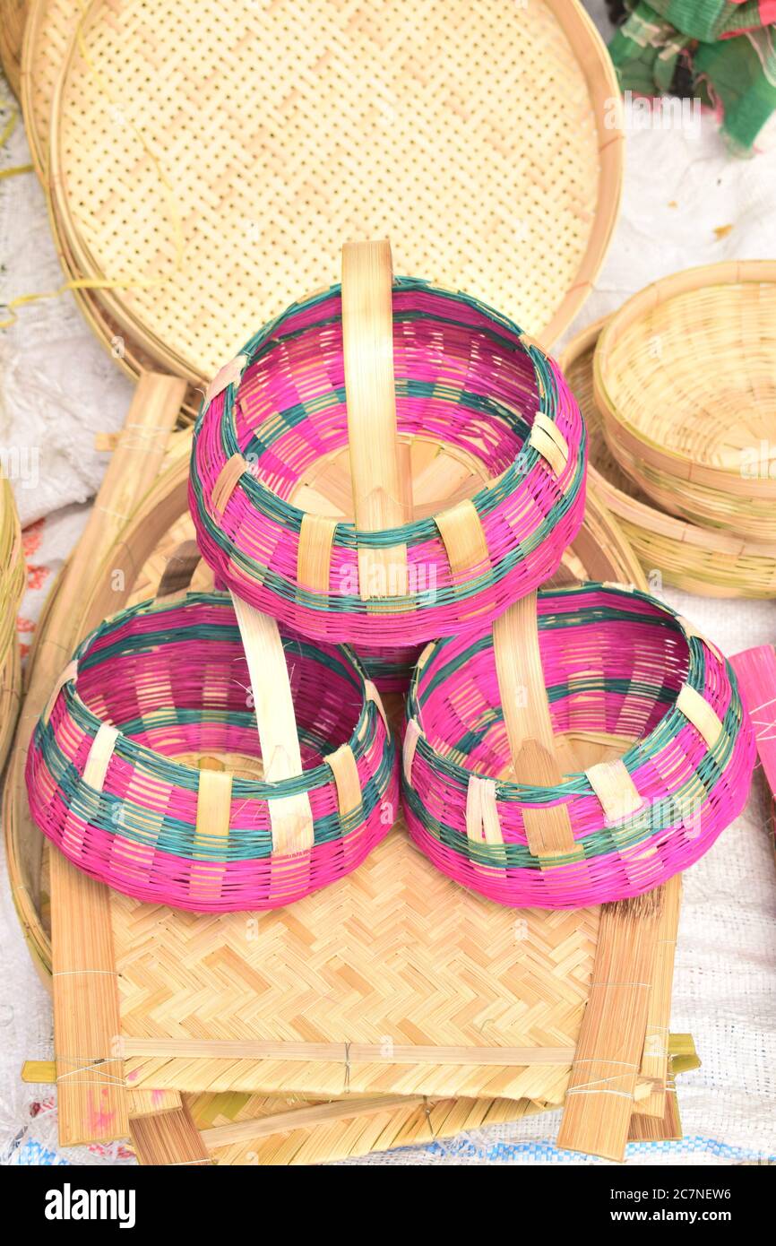 Handmade bamboo baskets in the street market Stock Photo Alamy