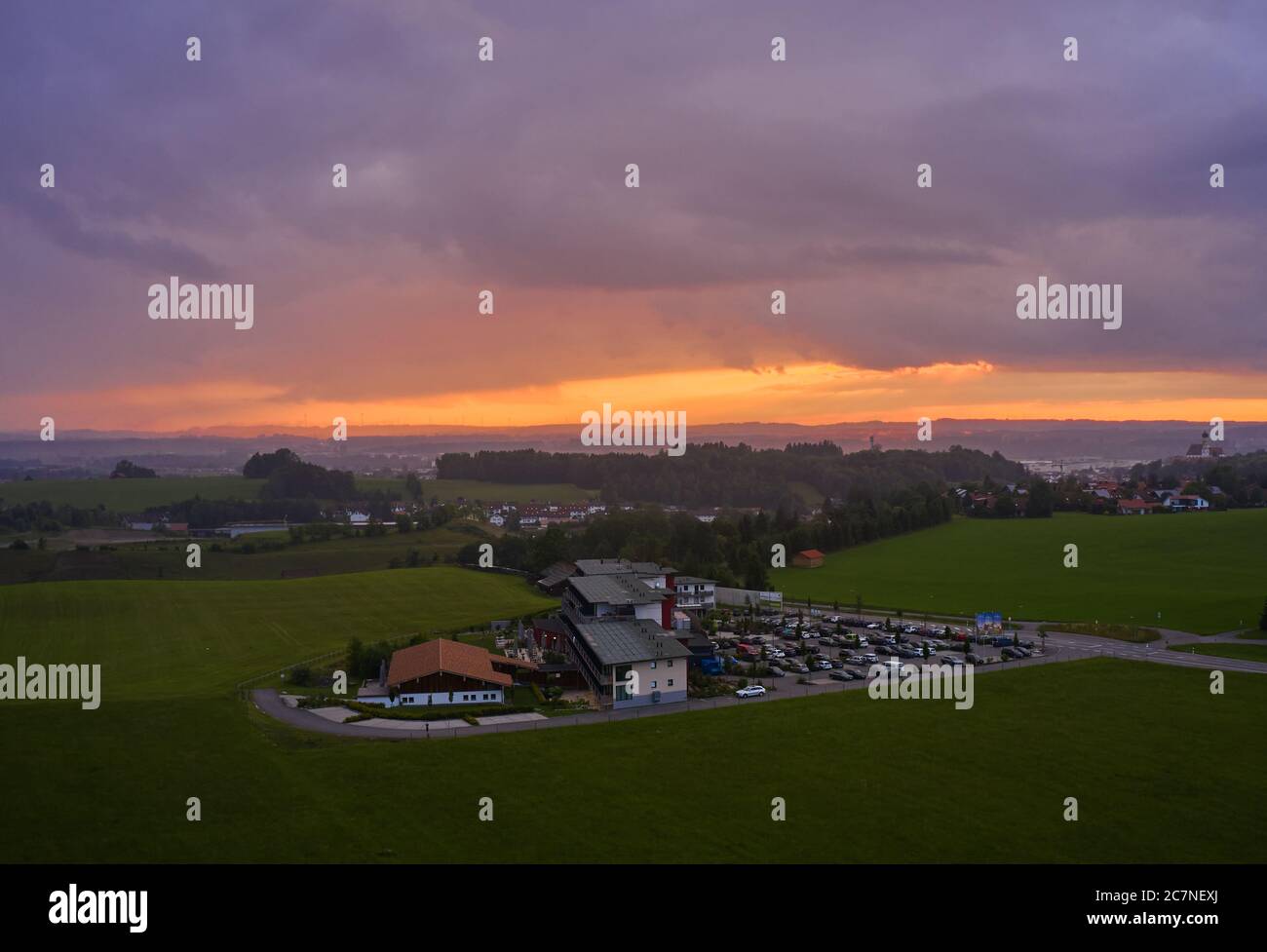 Marktoberdorf, Germany, July 12, 2020.  Panoramic landscape view after a thunder storm from  with Hotel Weitblick. © Peter Schatz / Alamy Stock Photos Stock Photo