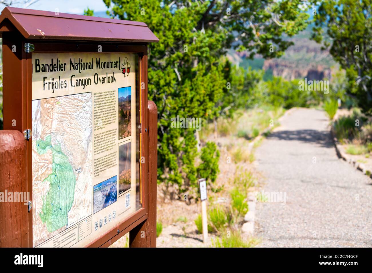 Santa Fe, USA - June 17, 2019: Information map trail sign at Main Loop path in Bandelier National Monument in New Mexico in Los Alamos and footpath Stock Photo