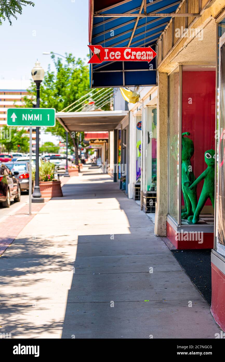 Roswell, USA - June 8, 2019: Main street road in New Mexico town with ice cream shop sign and alien objects store with ufo souvenirs Stock Photo
