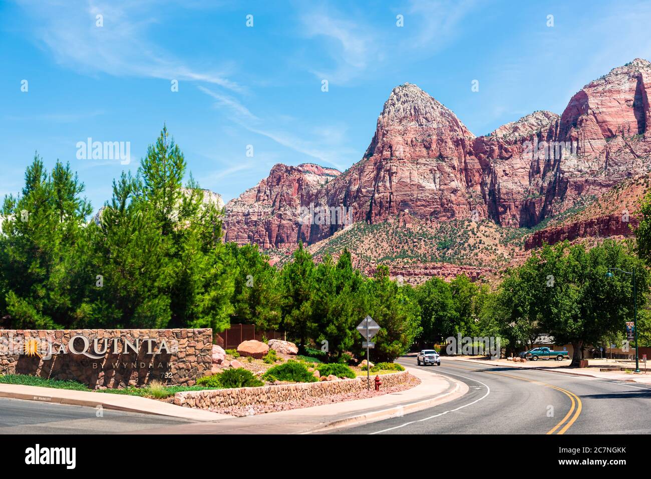 Springdale, USA - August 5, 2019: Zion National Park road street in Utah and town city sign for expensive La Quinta hotel lodging accommodation Stock Photo