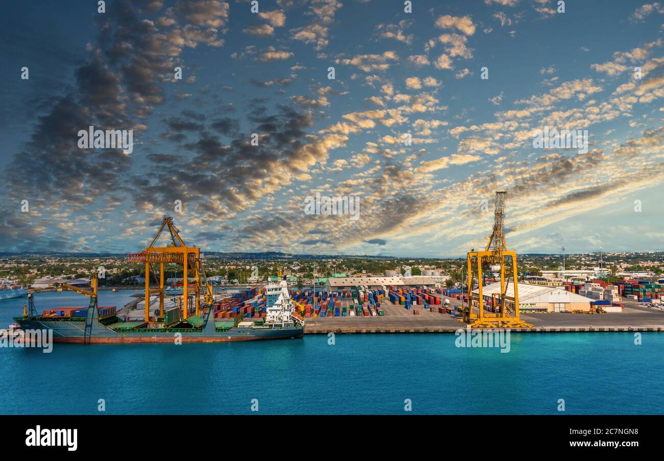 Freighter and Containers in Barbados Port Stock Photo Alamy