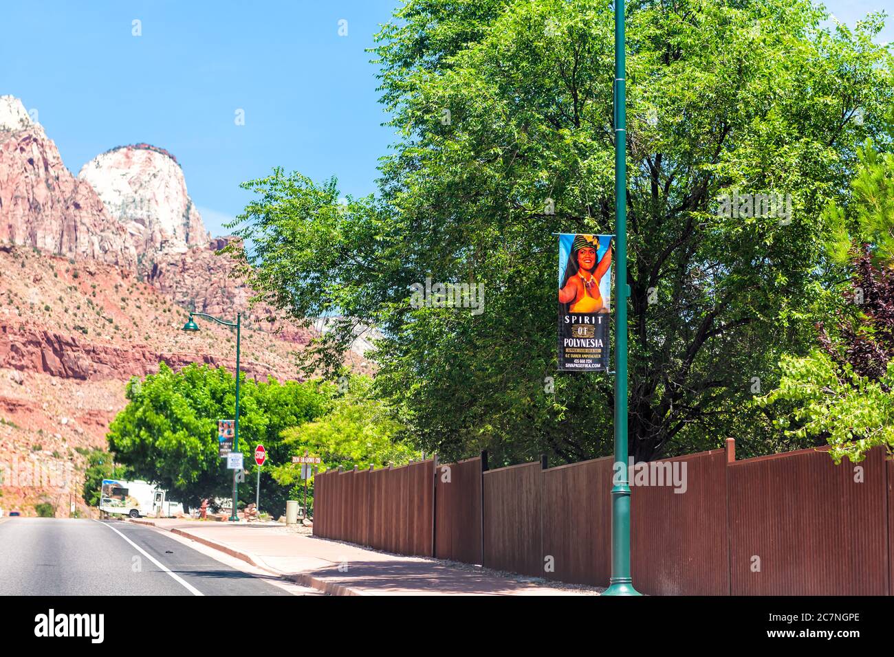 Springdale, USA - August 5, 2019: Zion National Park road street in Utah and town city sign banner on lamp post for advertisement for Spirit of Polyne Stock Photo