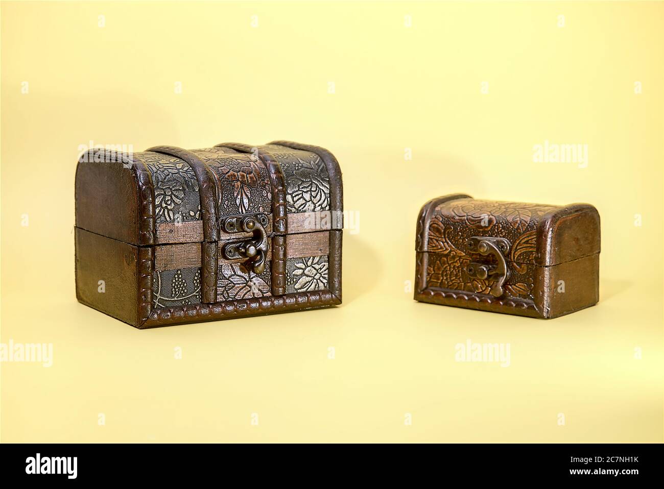 Antique wooden trunk lined with leather Stock Photo