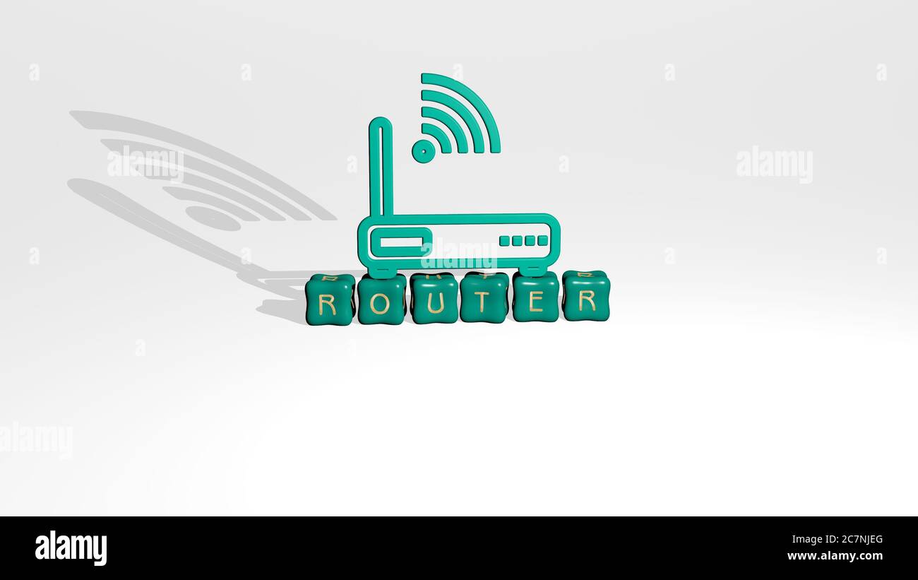 3D representation of ROUTER with icon on the wall and text arranged by ...