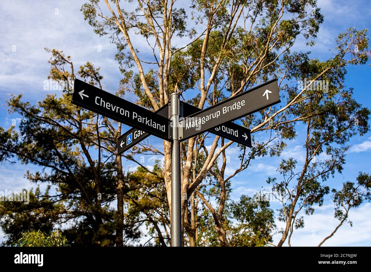 Direction signpost at Optus stadium pointing way to Matagarup Bridge Stock Photo