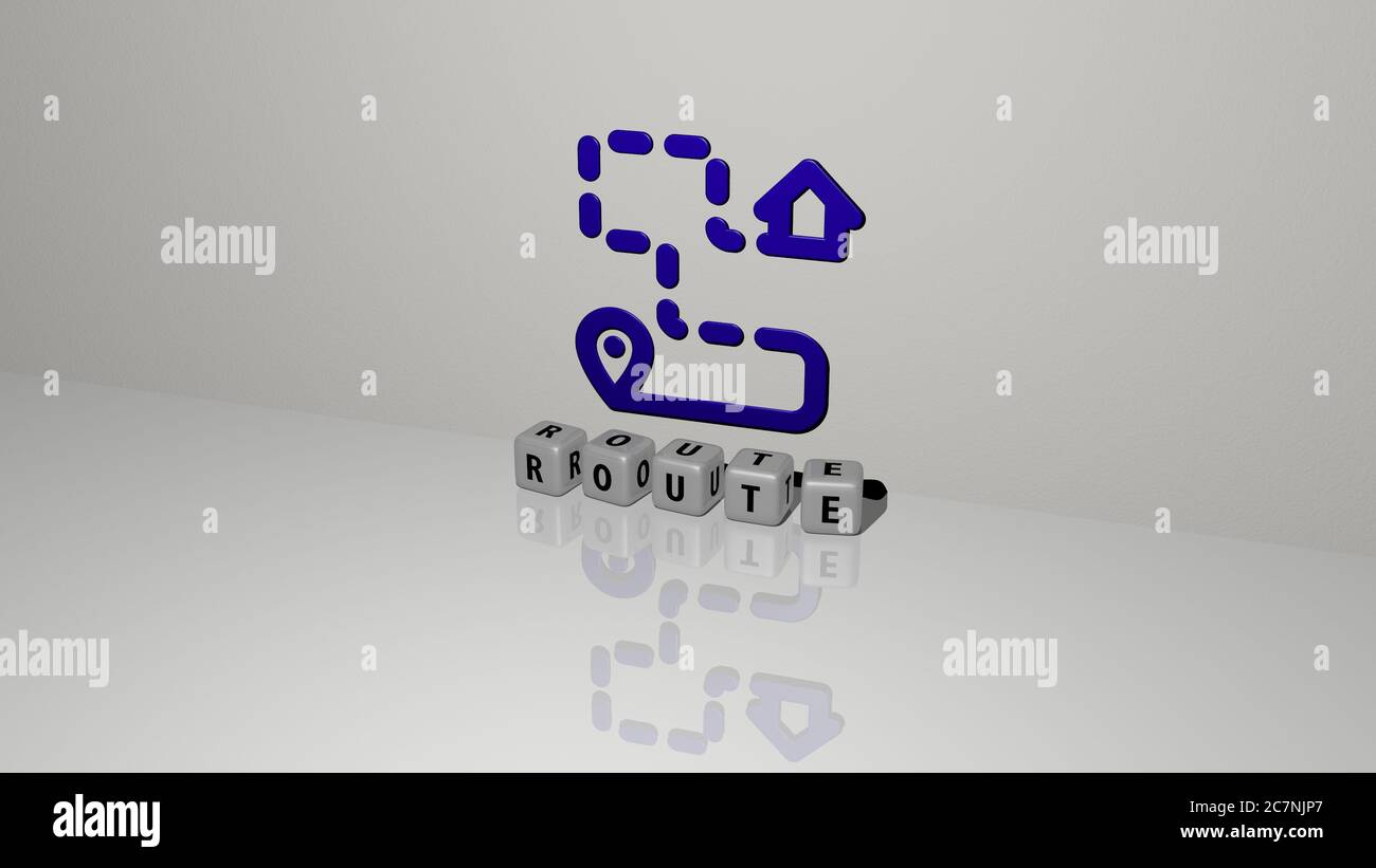 3D representation of ROUTE with icon on the wall and text arranged by metallic cubic letters on a mirror floor for concept meaning and slideshow presentation. illustration and road Stock Photo