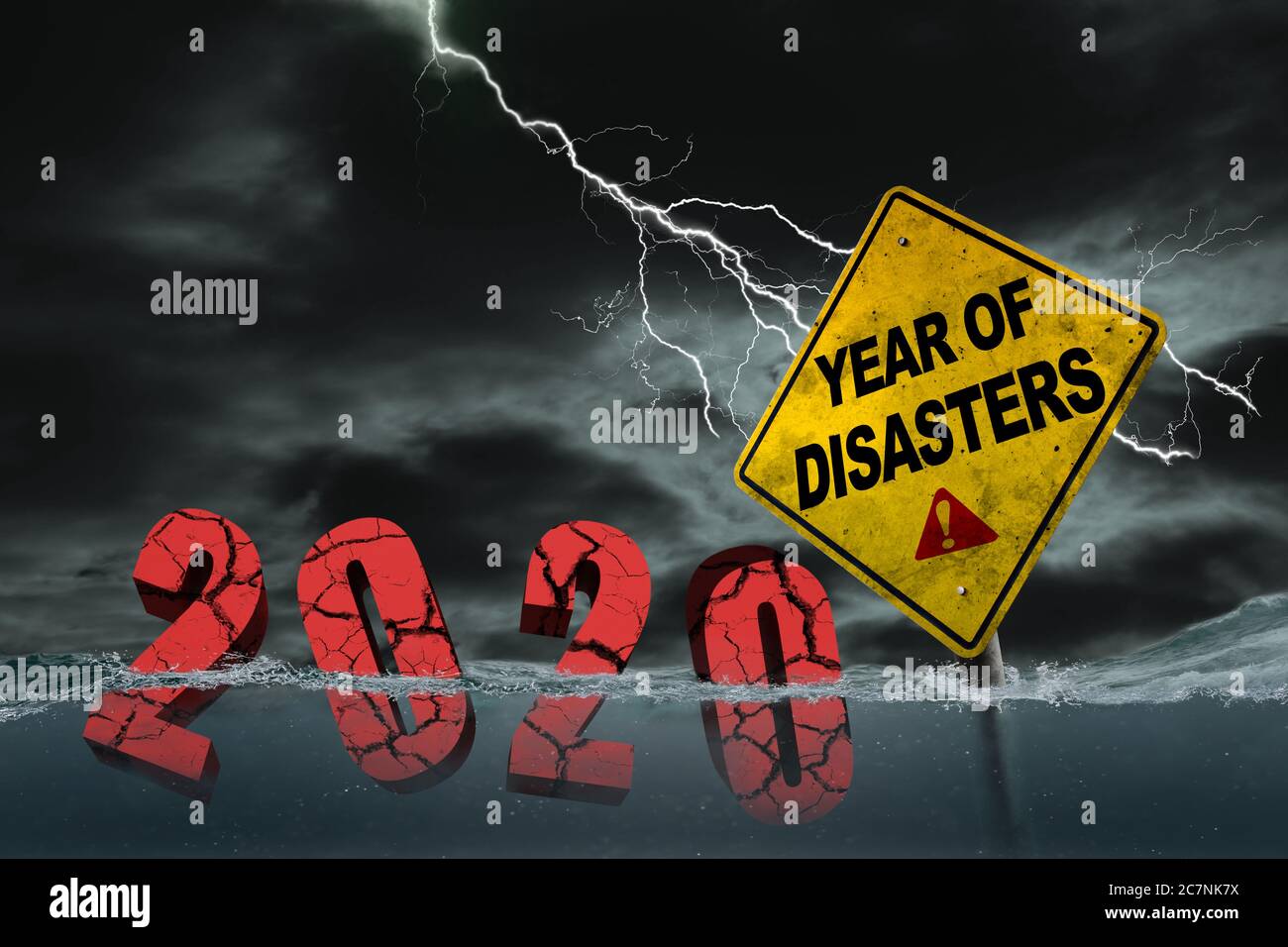 Year 2020 swept by ocean wave and cracked up under stormy weather with lightning flashes. Warning sign with Year of Disasters concept of Covid-19 pand Stock Photo