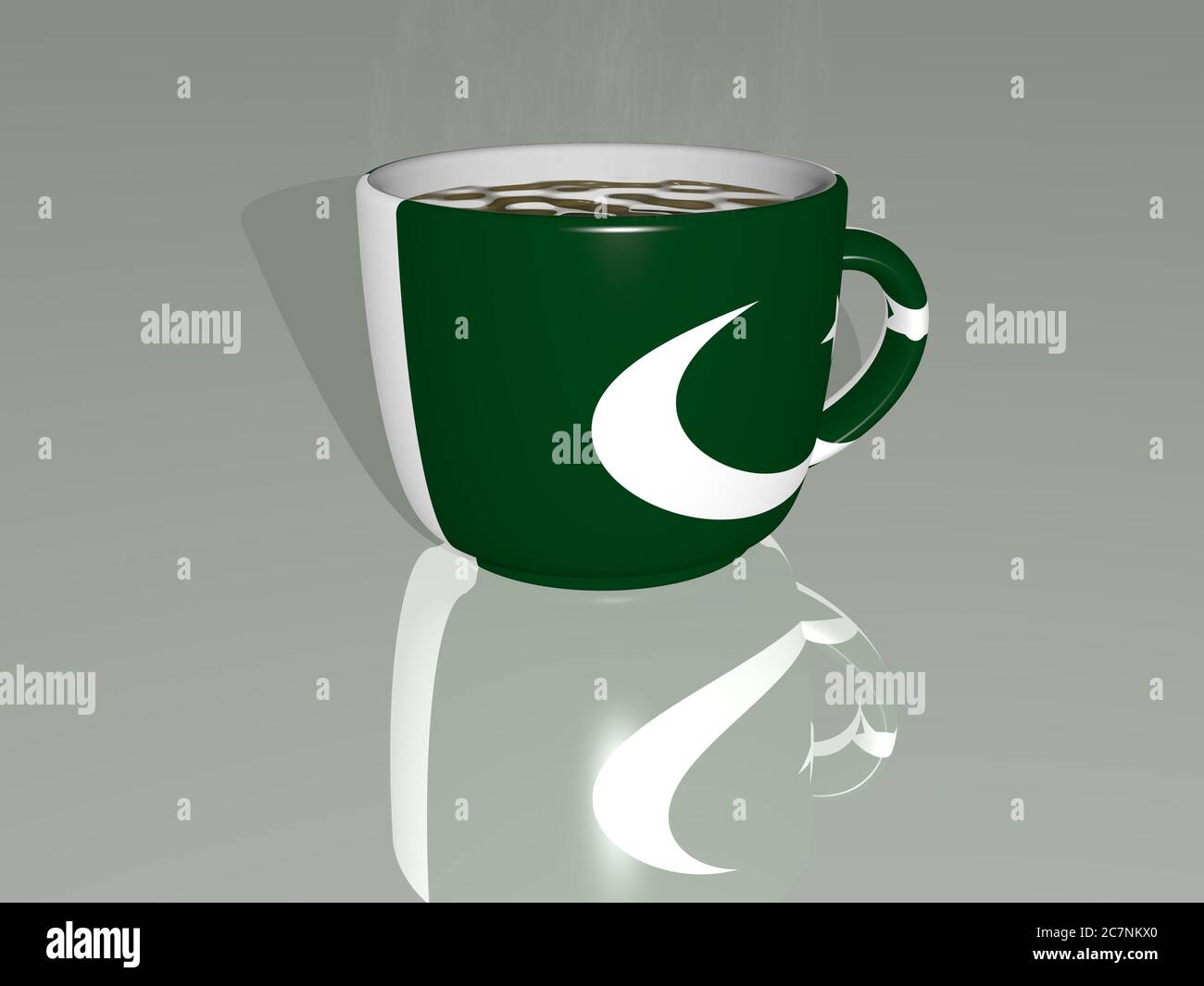 pakistan placed on a cup of hot coffee in a 3D illustration mirrored on the floor with a realistic perspective and shadows Stock Photo