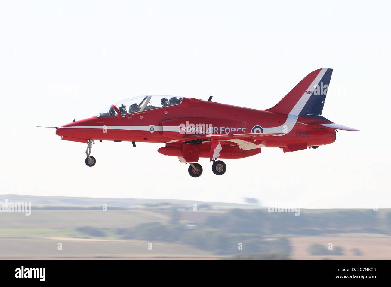 XX219, a BAe Hawk T1 of the Royal Air Force aerobatic display team, the Red Arrows, at RAF Leuchars in 2013. Stock Photo