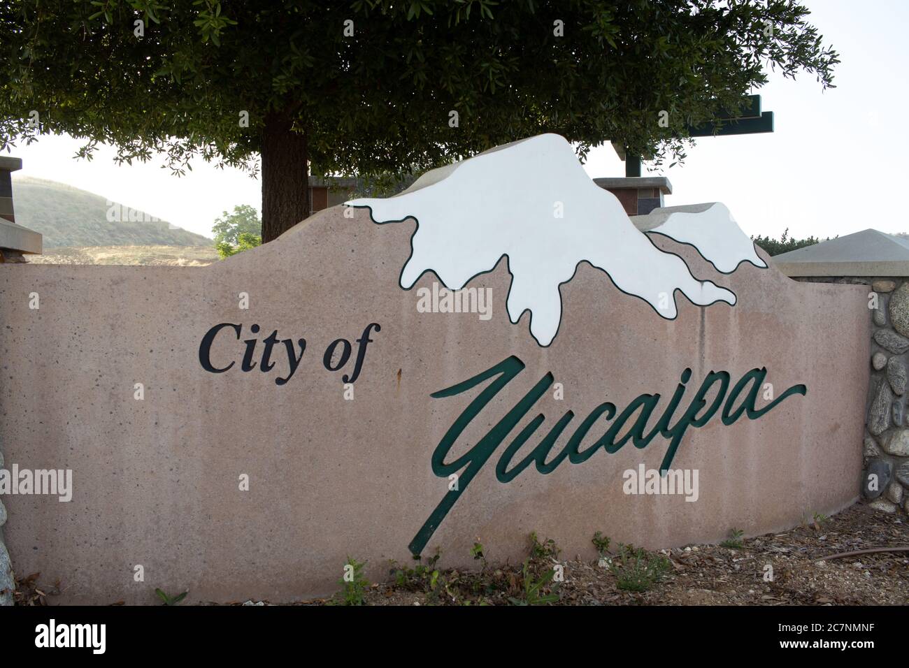 YUCAIPA, UNITED STATES - May 29, 2020: Welcome sign to the City of Yucaipa in San Bernardino County (California) located at the Oak Glen Rd exit on I- Stock Photo