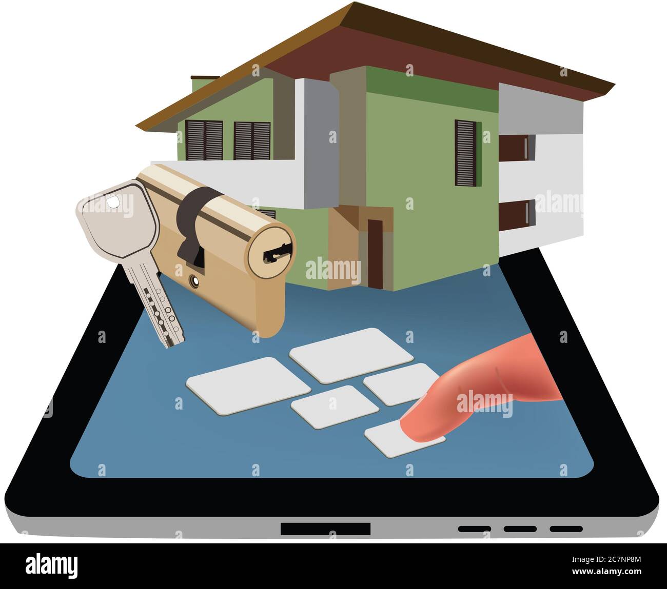 Illustration of a house model and lock on top of a tablet Stock Photo ...