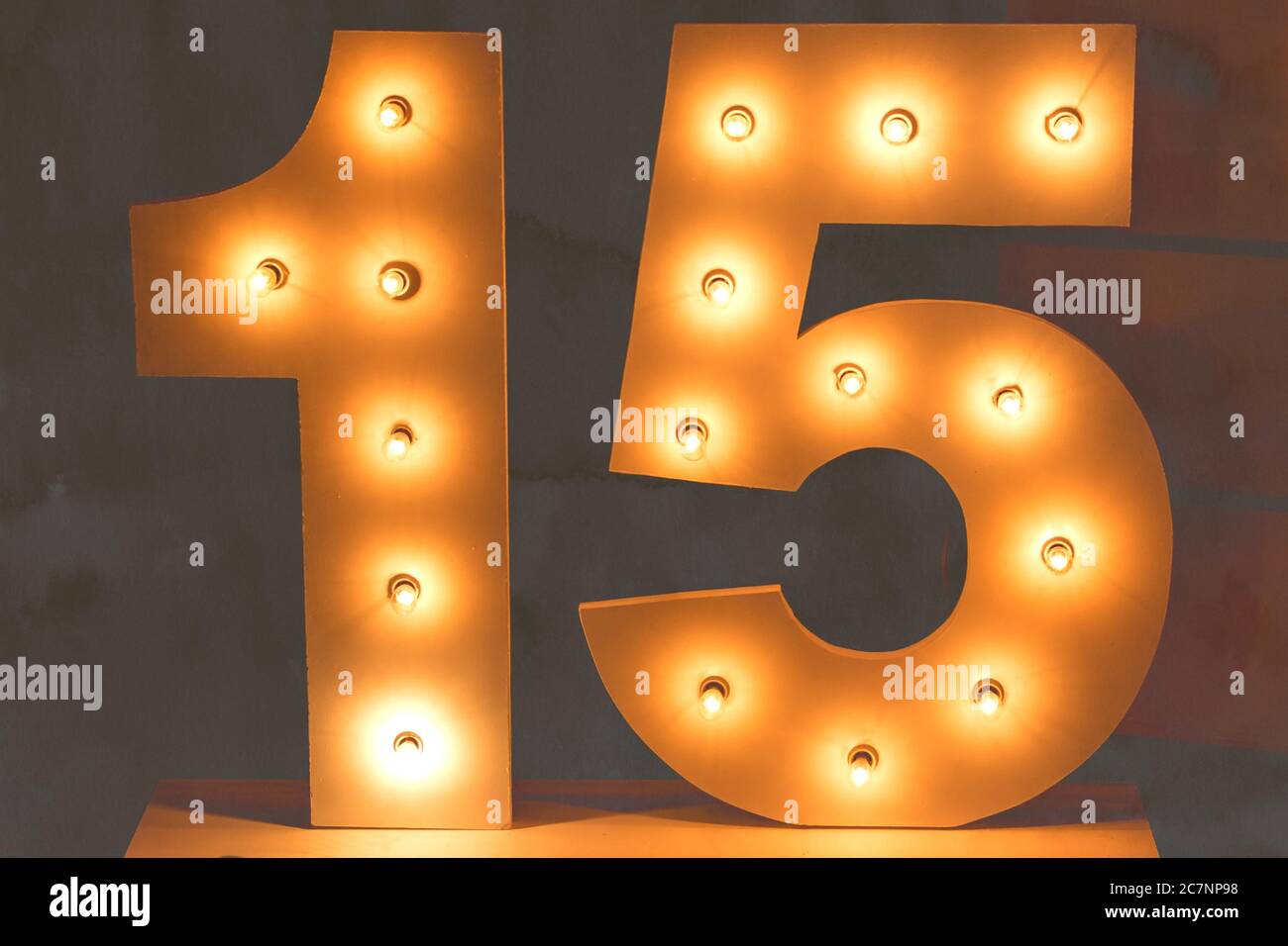 Fifteen number with bulb led lights. Number isolated. Decoration for teenager parties. Decorative number isolated. 15 bulb number. Stock Photo