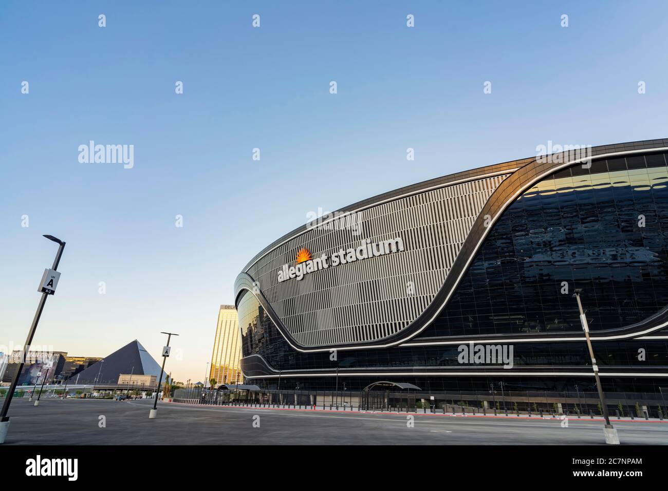 Las Vegas, JUL 17, 2020 - Sunset view of the finished Allegiant Stadium ...