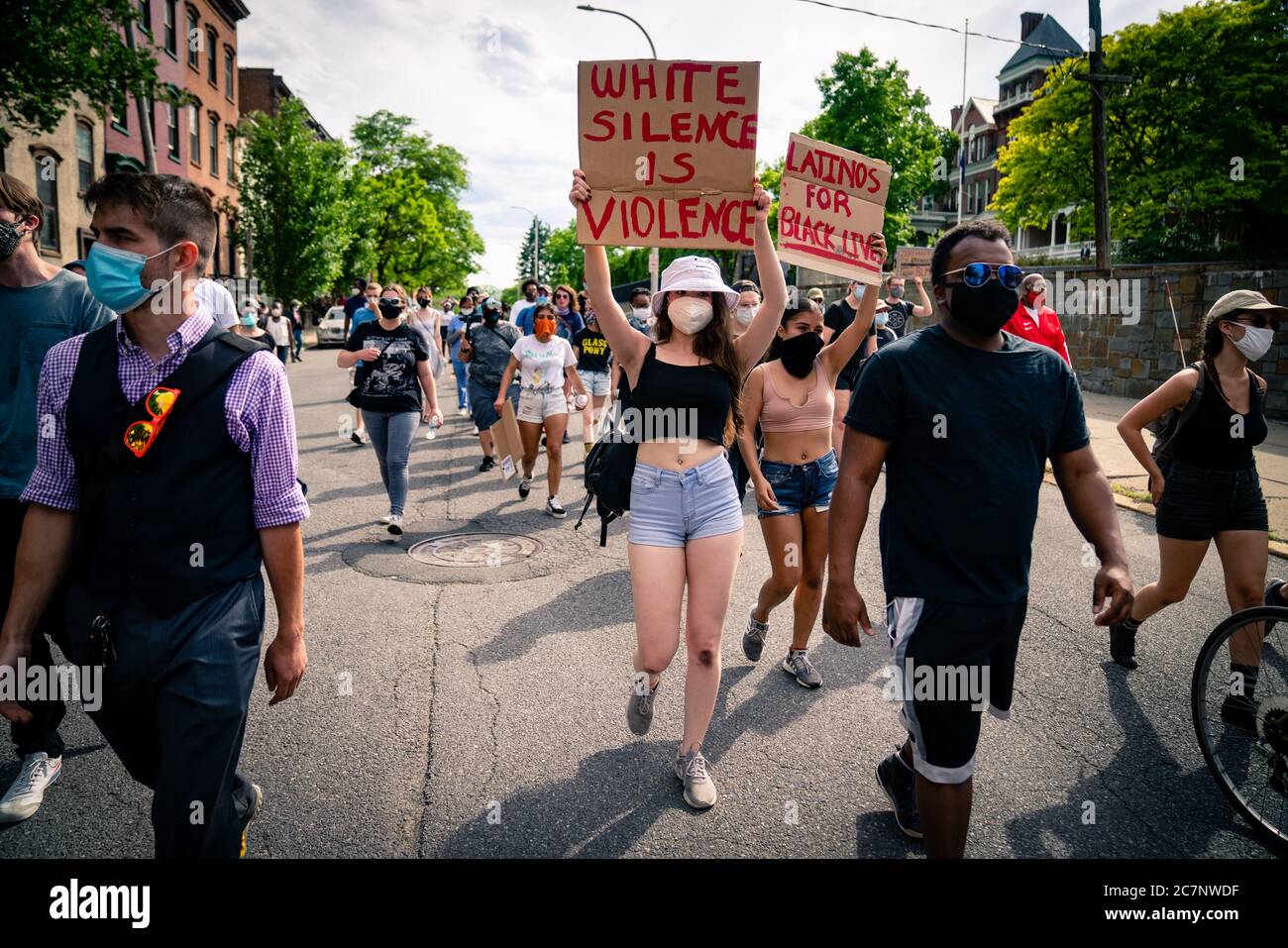 ALBANY, NEW YORK, UNITED STATES - Jun 04, 2020: Black Lives Matter protesters in front of New York Governor Andrew Cuomo's official residence in Alban Stock Photo
