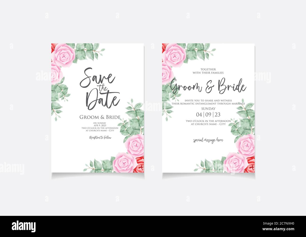 Wedding invitation card template with watercolor rose design frame for save the date, invitation, homecoming or greeting card. Vector design Stock Vector