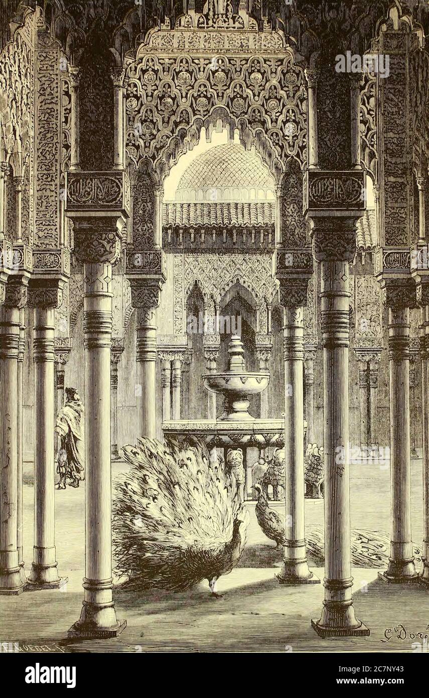 Patio de Los Leones (Cour des Lions) [Peacocks at Courtyard of the Lions  The Alhambra, Granada, Andalusia, Spain] Page illustration from the book  'L'Espagne' [Spain] by Davillier, Jean Charles, barón, 1823-1883; Doré,