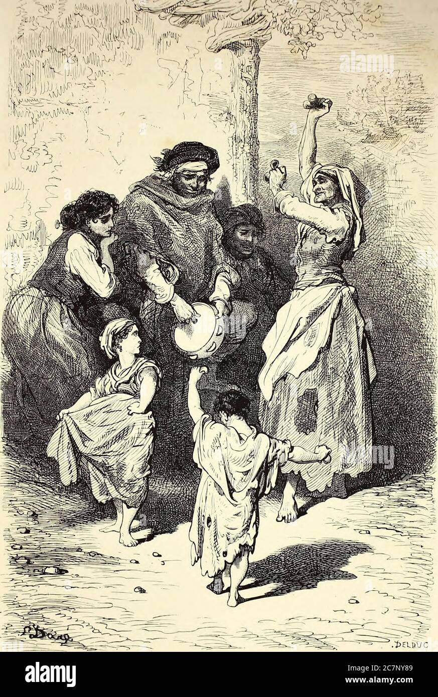 Danse de Petites Gitanas, au Sacro-Monte [Young Gypsies dancing in Sacro-Monte] Page illustration from the book 'L'Espagne' [Spain] by Davillier, Jean Charles, barón, 1823-1883; Doré, Gustave, 1832-1883; Published in Paris, France by Libreria Hachette, in 1874 Stock Photo