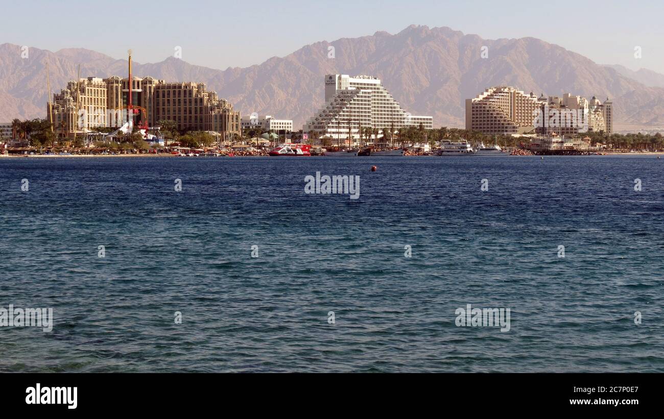 Hotels view in Eilat (Israel southern resort) from a harbor Stock Photo