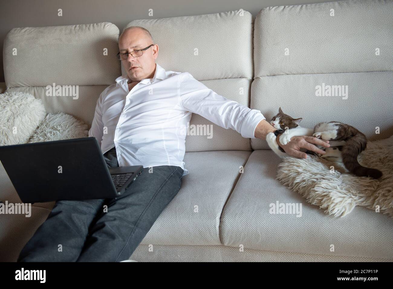 mature man using laptop on sofa and playing with cute cat at home during quarantine of coronavirus covid-19 Stock Photo