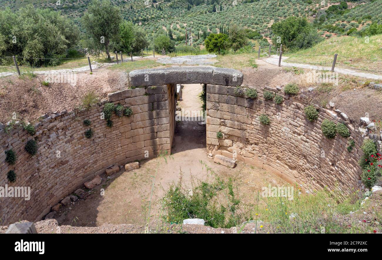 Lion Tholos tomb in ancient Mycenae, Peloponnese, Greece. Stock Photo