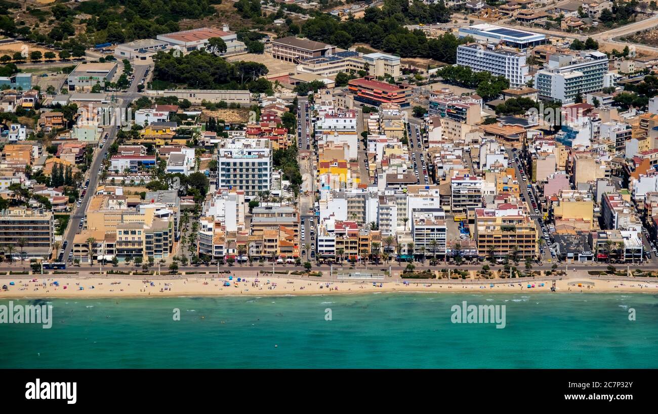 Aerial photo, Arenal beach with Balneario 5, Balneario 6, Balneario 5, S'arenal, Arenal, Ballermann, Europe, Balearic Islands, Spain, Palma, ES, Trave Stock Photo