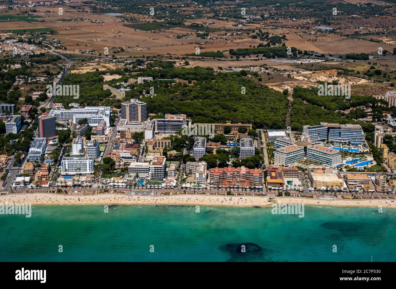 Aerial view, discotheque Oberbayern, ham street, beer street, beach of Arenal with Balneario 5, Balneario 6, Balneario 5, S'arenal, Arenal, Ballermann Stock Photo