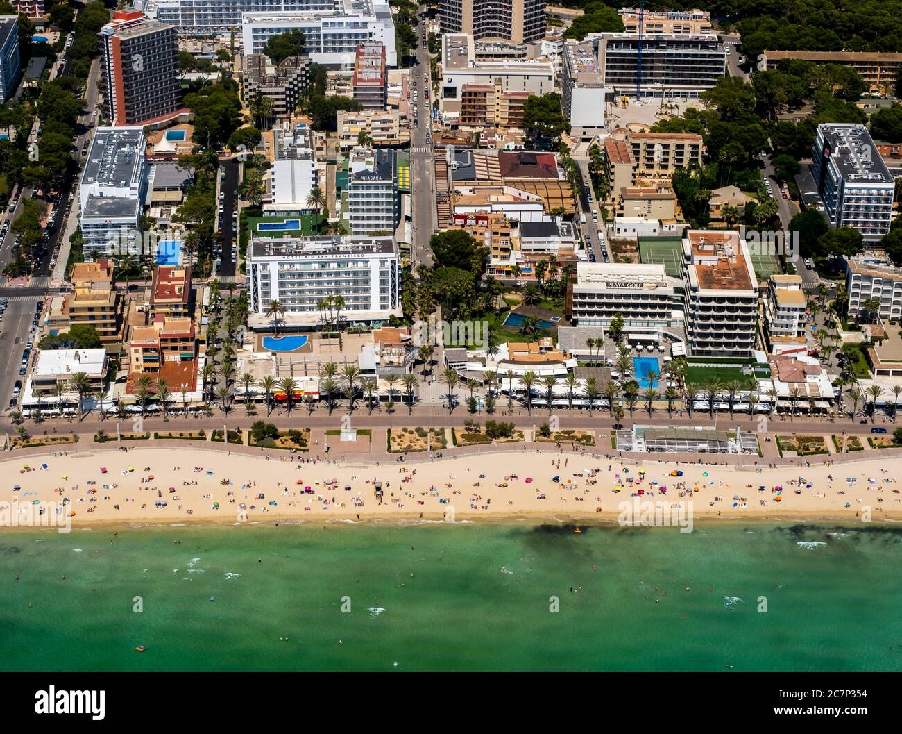 Aerial photo, Arenal beach with Balneario 5, Balneario 6, Balneario 5, S'arenal, Arenal, Ballermann, Europe, Balearic Islands, Spain, Palma, ES, Trave Stock Photo