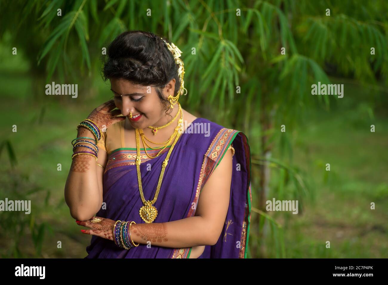 Indian Traditional Beautiful young girl in saree posing outdoors Stock ...