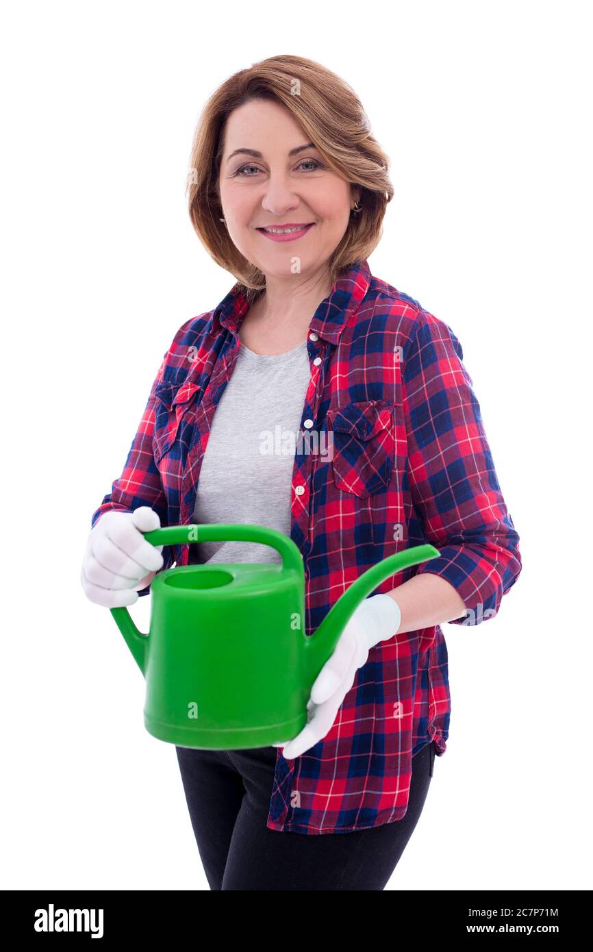 portrait of middle aged woman gardener with watering can isolated on ...
