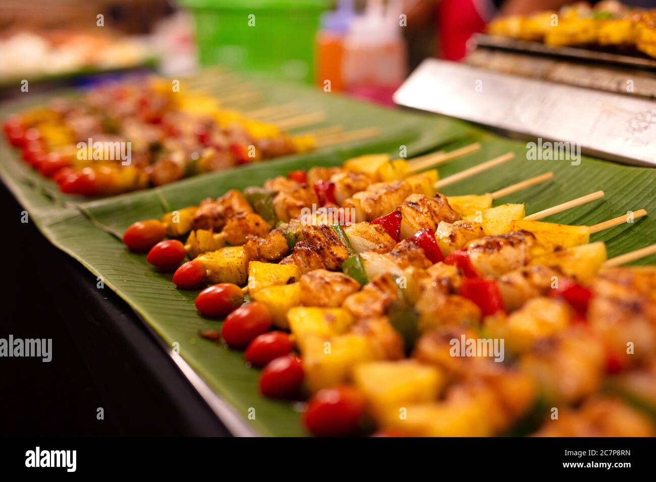 Meat And Veggies On Swekers For Sale at Street Market Stock Photo