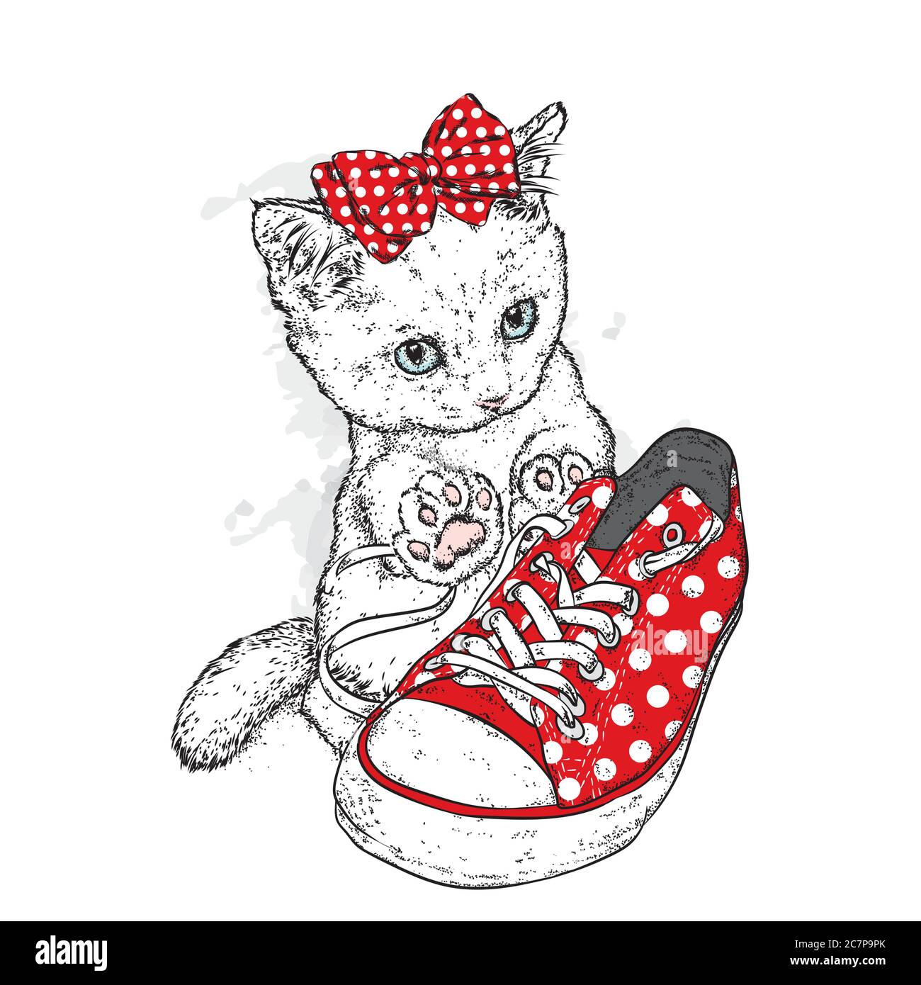 Cute kitten in a cap and stylish sneakers. Vector illustration for a