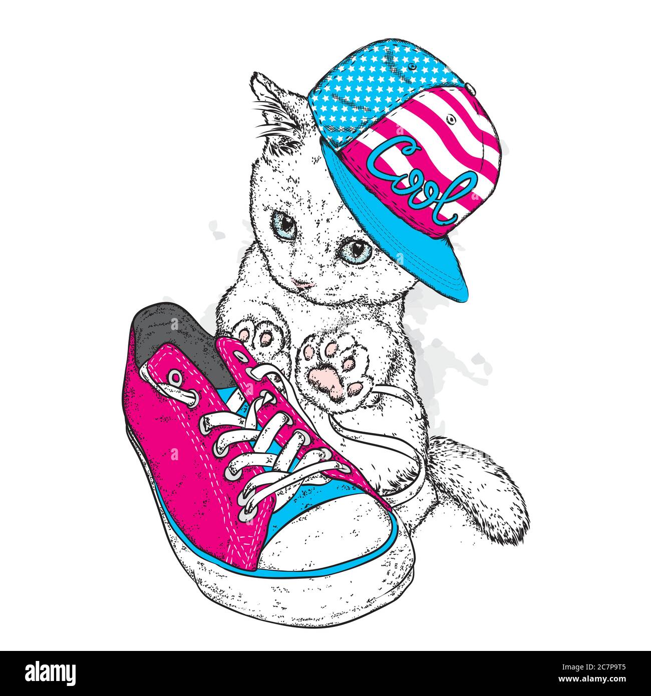 Cute kitten in a cap and stylish sneakers. Vector illustration for a
