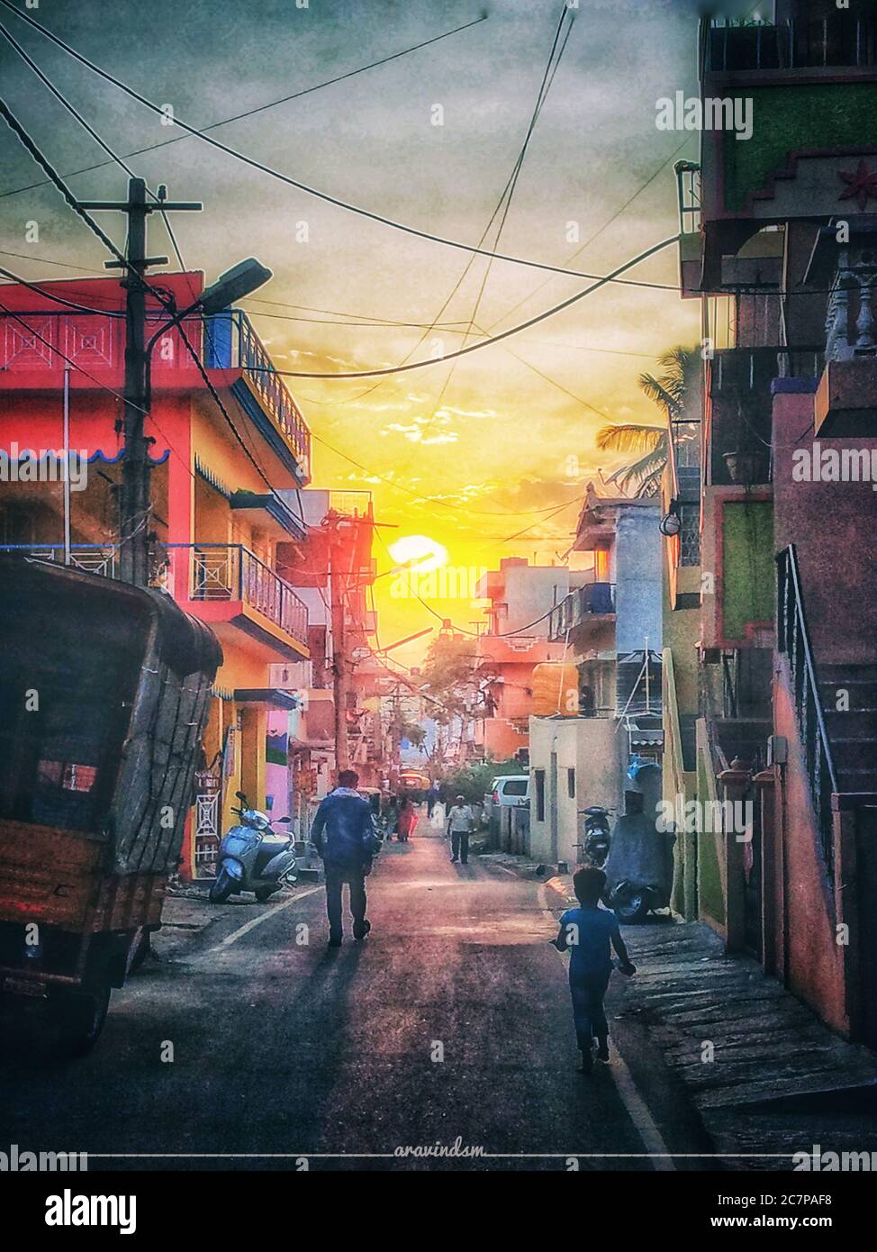A beautiful image of streets of a city in bangalore and beautiful sunset Stock Photo