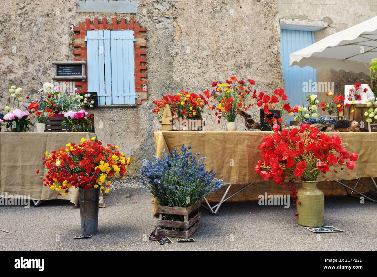Beautiful bouquets of flowers for sale on the street of the small ...