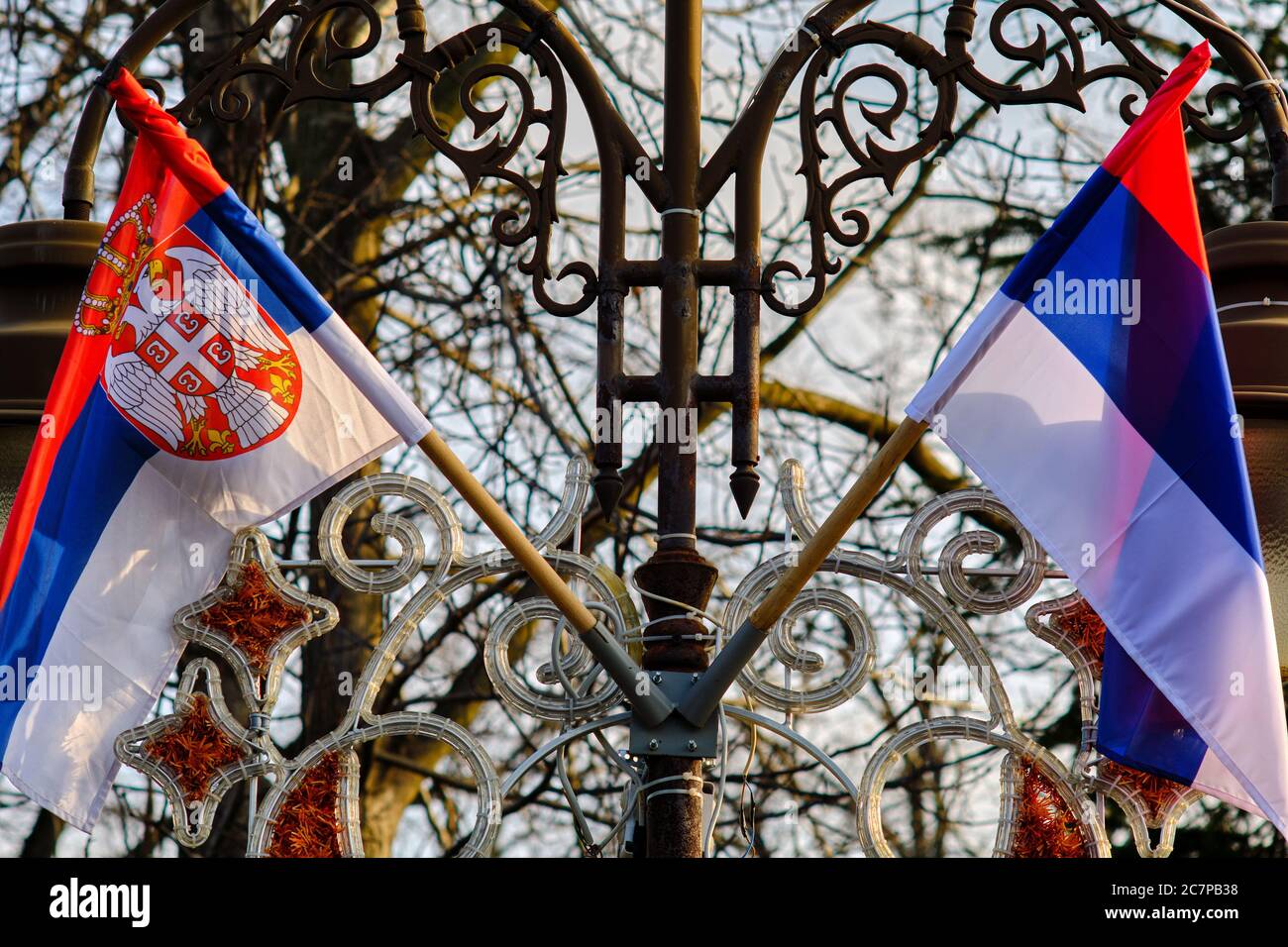 Flags of the Republic of Serbia in Belgrade fortress Kalemegdan park during the National Day celebration (Statehood Day of Serbia - Sretenje), in Belg Stock Photo