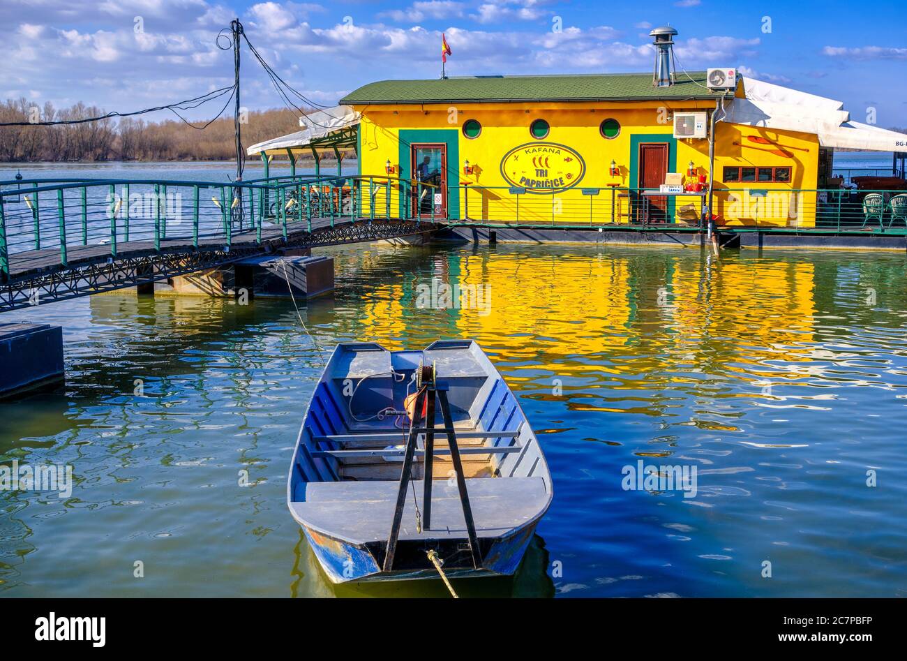 Belgrade / Serbia - February 22, 2020: River raft restaurant and bar on the Danube river in Belgrade, Serbia Stock Photo