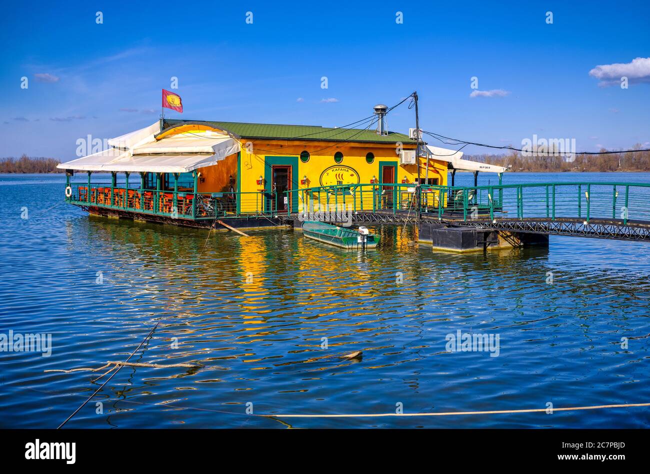 Belgrade / Serbia - February 22, 2020: River raft restaurant and bar on the Danube river in Belgrade, Serbia Stock Photo