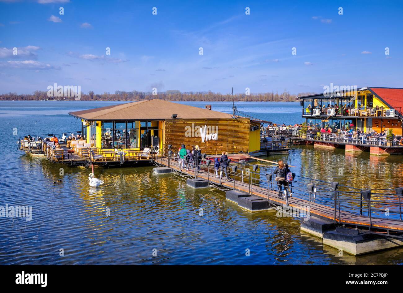 Belgrade / Serbia - February 22, 2020: River raft restaurants and bars on the Danube river in Belgrade, Serbia Stock Photo