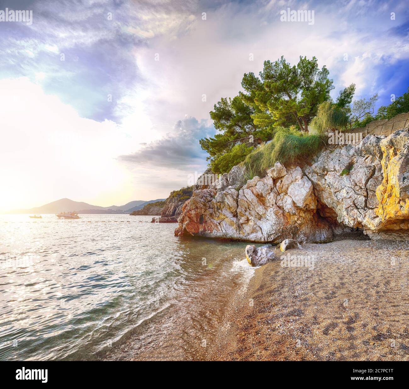 Picturesque summer view of Adriatic sea coast in Budva Riviera near Przno village. Location: Przno village, Montenegro, Balkans, Europe Stock Photo